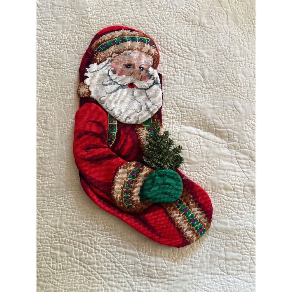 Vintage Needlepoint Santa Claus Christmas Stocking Red Wool Handcrafted 19 inch